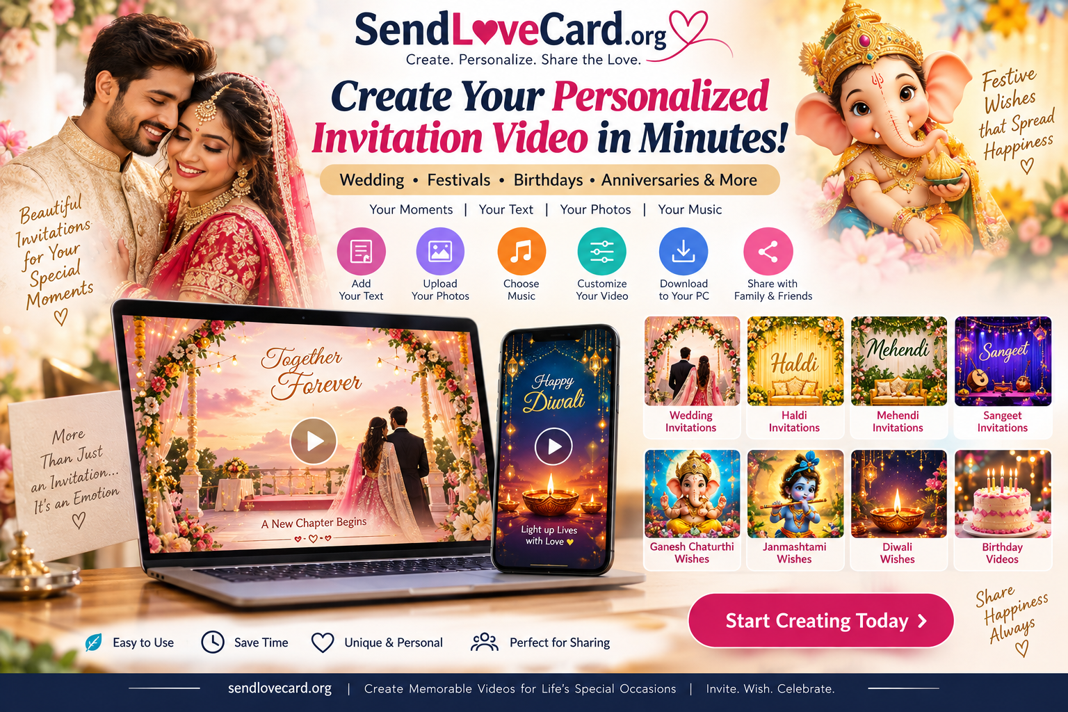 Create Personalized Wedding Invitation & Festival Wish Videos Online in Minutes